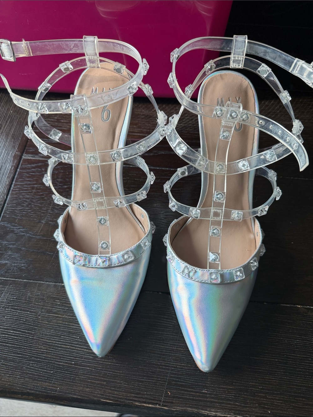 Mix No. 6 Iridescent Pointed-Toe Heels with Clear Jewel Straps